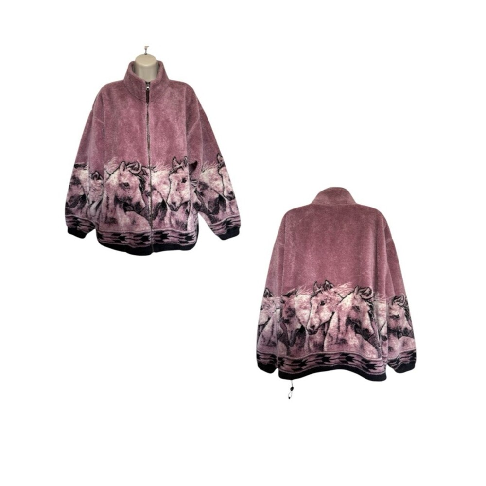 Vintage Outback Trading Company Soft Pink Horses Fleece Zip Front Jacket Canada